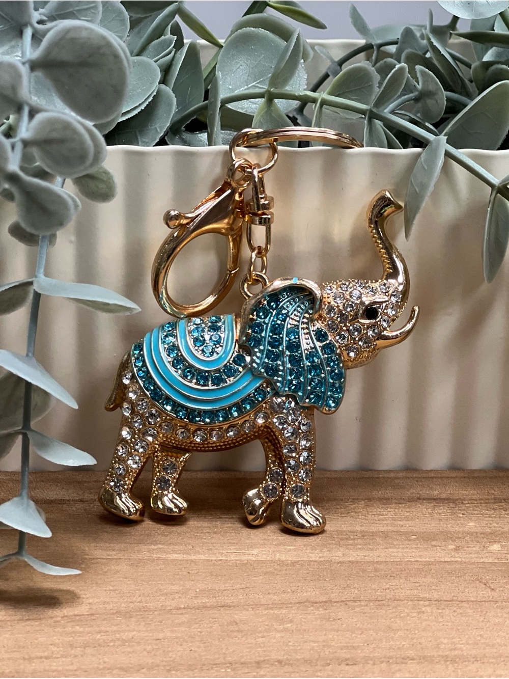 Gold Elephant Keychain with Turquoise Crystals